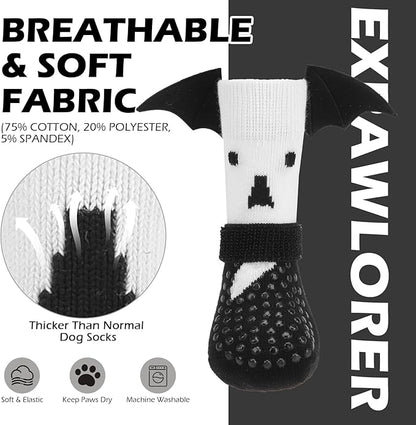 EXPAWLORER Halloween Anti Slip Dog Socks to Prevent Licking Paws, Boots &amp; Paw Protectors with Grippers,Doggie Booties for Hardwood Floors for Small Medium Large Senior Dogs Costume White Ghost Wings S