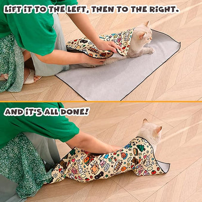 Cat Grooming Wrap, Self-Adherent Soft Cat Blanket to Wrap, Nail Clipping, Anti-Bite, Anti-Scratch, Anti-Escape Calming Wrap (Cute Prints, 6-10 lbs)