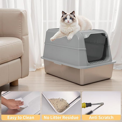 Stainless Steel Litter Box with Lid, XL Extra Large Cat Litter Box, Enclosed Metal Litter Pan with High Sided Enclosure &amp; Scoop, Anti Leakage, Easy to Clean, Odor Control(Grey)