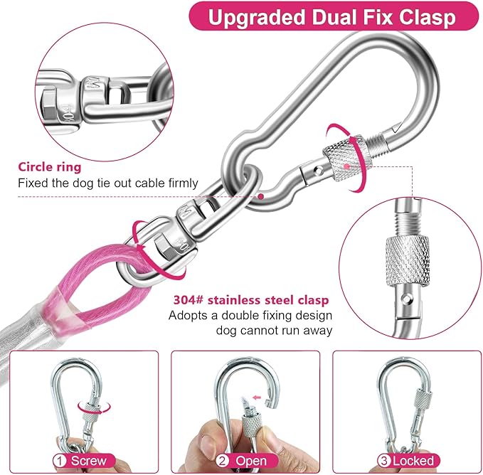 Dog Tie Out Cable for Outside,10FT Long Dog Leash&amp;Chains with Swivel Hook,Small-Large Dogs Runner Cable for Yard,Heavy Duty Dogs Lead Line for Outdoor and Camping (500lbs 10FT, Pink)