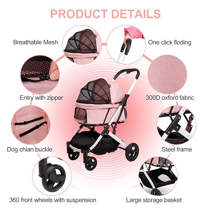 Pet Stroller for Medium Small Dog &amp; Cat, Foldable Lightweight Dog Stroller with Storage Basket Pet Travel Carriage with Safety Leashes, 4 Wheel, Pink