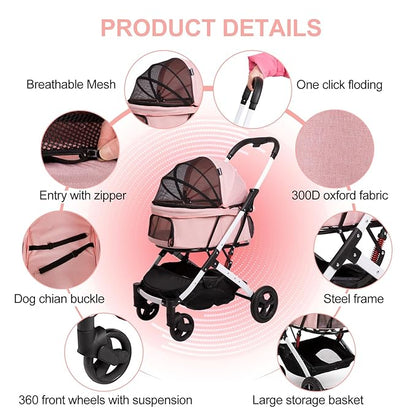 Pet Stroller for Medium Small Dog &amp; Cat, Foldable Lightweight Dog Stroller with Storage Basket Pet Travel Carriage with Safety Leashes, 4 Wheel, Pink