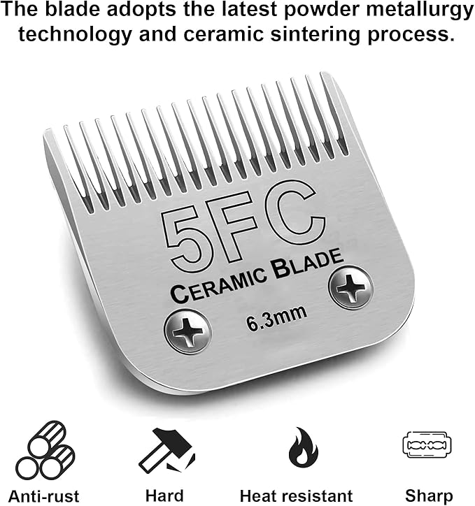 2PC 5FC Blade Dog Grooming Clipper Replacement Blades Compatible with Andis Dog Clippers,Detachable Ceramic Blade &amp; Stainless Steel Blade,Size-5 FC 1/4-Inch Cut Length (64122)