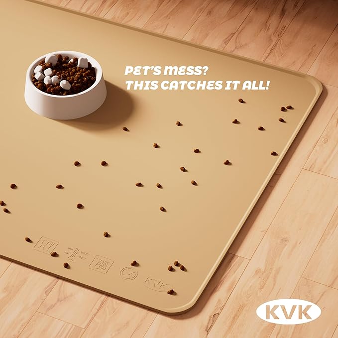KVK Extra Extra Large Silicone Dog Food Mat 39.4×43.3in and 128oz Silicone Bag Set, Super Size Waterproof Pet Feeding Mat &amp; Container, Non-Slip, Chew-Resistant Floor Protection (Taupe&amp;Orange)