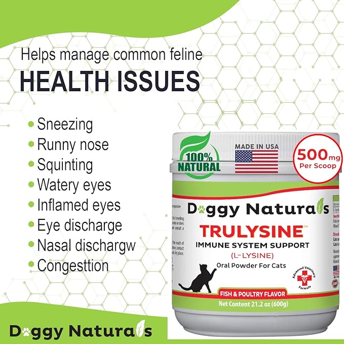 Trulysine L-Lysine for Cats Immune Support Oral Powder 21.2oz/600g - Cats &amp; Kittens of All Age, Sneezing, Runny Nose Squinting, Watery Eyes-Fish &amp; Poultry Flavor (U.S.A)(600 Grams (500mg / Scoop))