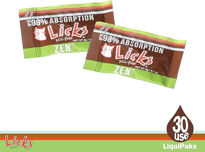 Licks Pill-Free Zen Cat Calming - Natural Calming Aid for Aggressive Behavior &amp; Nervousness - Cat Treats for Stress Relief &amp; Health - Gel Packets - 30 Use