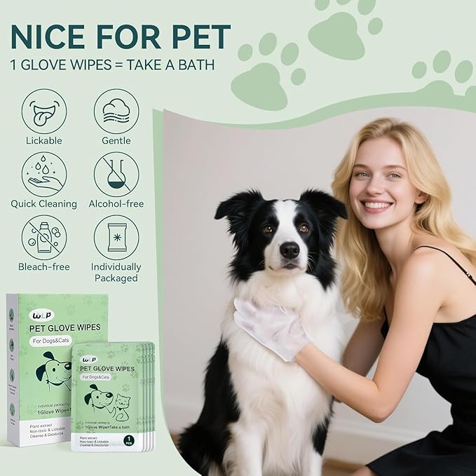 WLP Cleaning &amp; Deodorizing Glove Bath Wipes for Dogs and Cats, Hypoallergenic Nourish Fur Aloe Extract Jojoba Oil Pet Grooming Wipes for Daily and Travel (6 PCS)