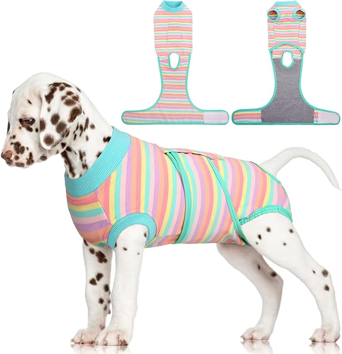 FUAMEY Recovery Suit for Dogs After Surgery,Soft Breathable Dog Bodysuit E-Collar &amp; Cone Alternative Surgical Suit,Male Female Dog Neuter Spay Suits Anti Licking Wounds Onesie Mint Green Stripes S