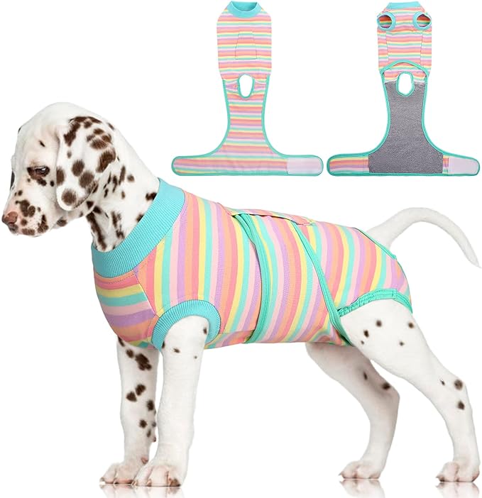 FUAMEY Recovery Suit for Dogs After Surgery,Soft Breathable Dog Bodysuit E-Collar &amp; Cone Alternative Surgical Suit,Male Female Dog Neuter Spay Suits Anti Licking Wounds Onesie Mint Green Stripes XS