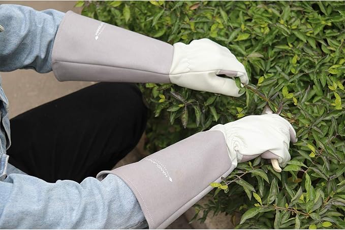 HANDLANDY Long Gardening Gloves for Men &amp; Women, Thorn Proof Rose Pruning Gloves Leather Gauntlets Garden Glove Yard Work Glove (Small, Grey)