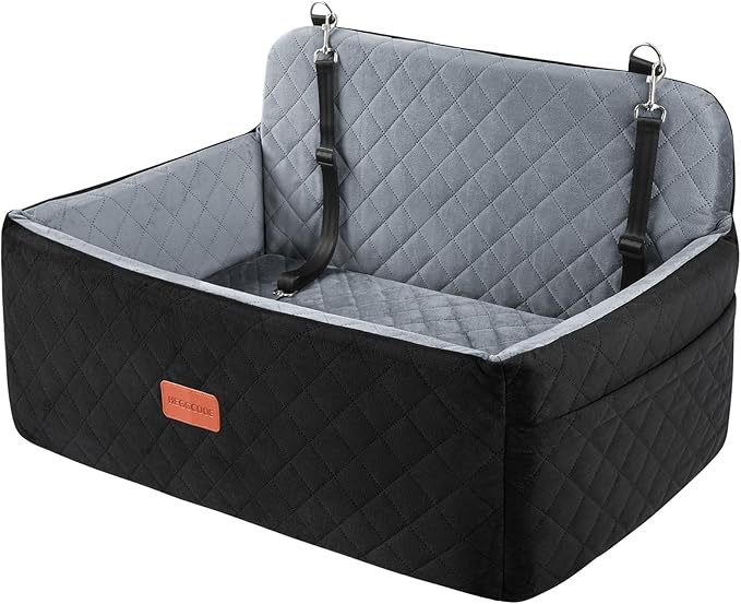 Dog Car Seat for Medium/Large Dogs, Pet Booster Seat for Under 55 lbs or 2 Small Dogs, Detachable &amp; Washable Dog Car Bed for Backseat with 2 Safety Leashes (Black/Grey)