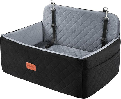 Dog Car Seat for Medium/Large Dogs, Pet Booster Seat for Under 55 lbs or 2 Small Dogs, Detachable &amp; Washable Dog Car Bed for Backseat with 2 Safety Leashes (Black/Grey)