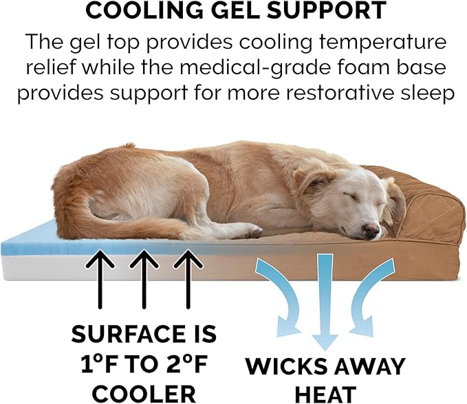 Furhaven Cooling Gel Dog Bed for Medium/Small Dogs w/ Removable Bolsters &amp; Washable Cover, For Dogs Up to 35 lbs - Quilted Sofa - Toasted Brown, Medium