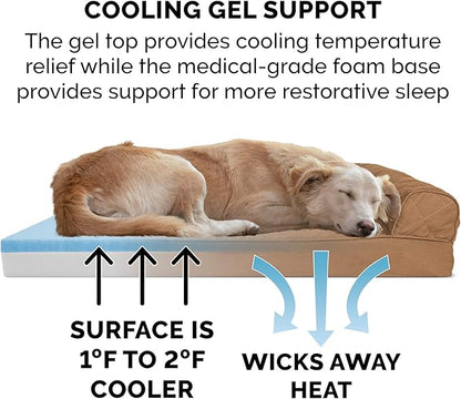 Furhaven Cooling Gel Dog Bed for Large Dogs w/ Removable Bolsters &amp; Washable Cover, For Dogs Up to 125 lbs - Quilted Sofa - Toasted Brown, Jumbo Plus/XXL