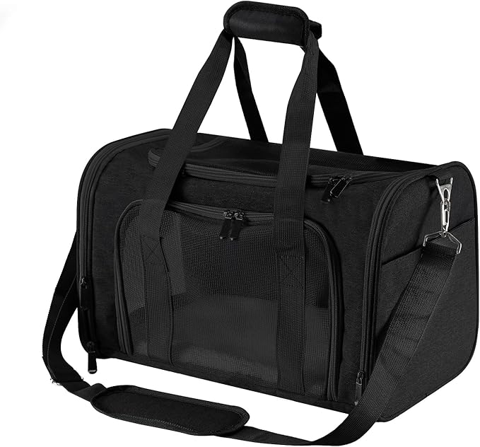 Roaringkitty Travel in Style: Portable Pet Carrier for Small Pets up to 15 Lbs- Airline Approved, Collapsible &amp; Comfortable cat/Puppy Soft Sided Bag (Black)