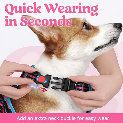 rabbitgoo Dog Harness for Large Dogs, No Pull Pet Vest with 3 Buckles, Adjustable Soft Padded Pet Harness with Easy Control Handle and Reflective Strips, Rose Pink &amp; Blue, XL