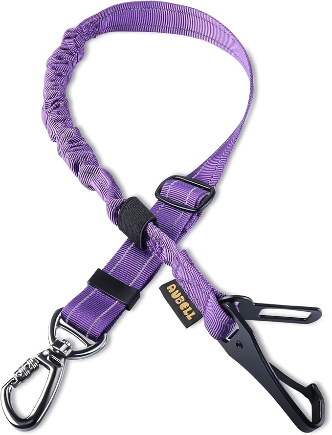AUBELL Dog Seat Belt for Car,Updated 3-in-1 Adjustable Reflective Bungee Heavy Duty Dog Car Harness Tether with Clip Hook Latch &amp; Buckle,Swivel Zinc Alloy Carabiner,Purple