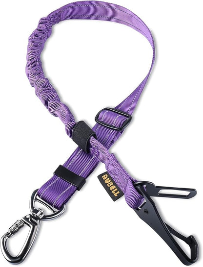 AUBELL Dog Seat Belt for Car,Updated 3-in-1 Adjustable Reflective Bungee Heavy Duty Dog Car Harness Tether with Clip Hook Latch &amp; Buckle,Swivel Zinc Alloy Carabiner,Purple