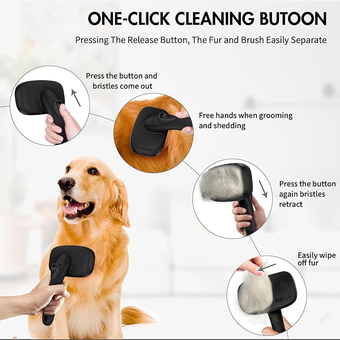 Dog Brush Kit - Self-Cleaning Slicker Brush with Bath Brush &amp; Undercoat Rake | Deshedding Tools for Large - Small Dogs &amp; Cats, Professional 3-in-1 Pet Grooming Set for Heavy Shedding, Black