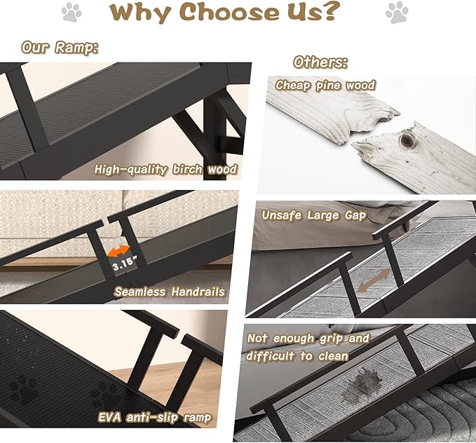 61" Dog Ramp for Bed, Pet Ramp with Removable Side Rail and Non-Slip Surface, Pet Ramp for Small &amp; Large &amp; Senior Dogs with Rest Platform and DIY Glow Strips,Dog Stairs for Couch,Black