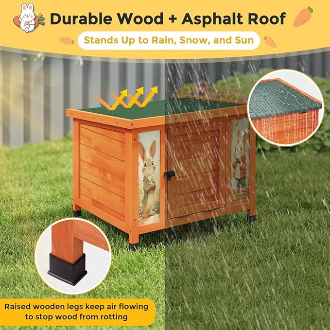 COZIWOW 24in Wooden Cat House Outdoor &amp; Indoor Pet Shelter with Foldable Ramp - Weatherproof Rabbit Hutch with Unique Machine-Printed Art Designs for Cat, Rabbit, Guinea Pig (Orange)