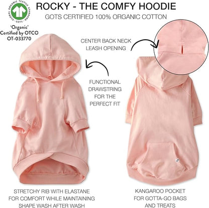 Rocky – The Orginal Lightweight Hooded TEE 100% Organic Cotton Dog Hoodie Pet Coat Sweater for Small, Medium, Large Dogs, Pink, Large