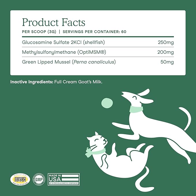 Fera Pets Goat Milk - Cat &amp; Dog Hip and Joint Support with Glucosamine, MSM &amp; Green Lipped Mussel - Supports Flexibility, Mobility &amp; Bone Health - for Picky Eaters - 60 TSP