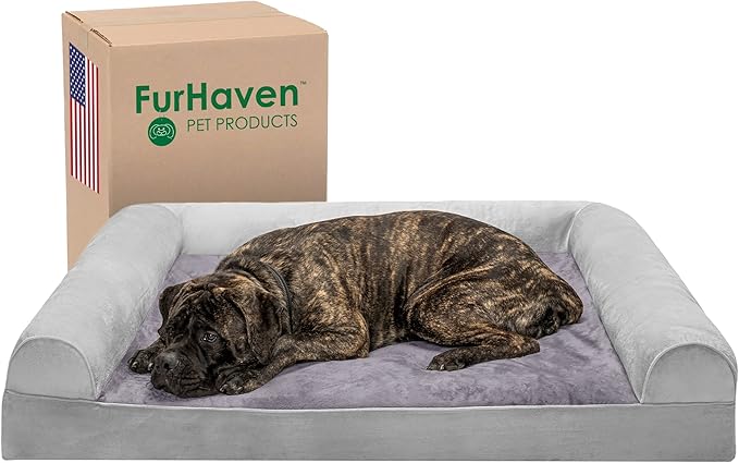 Furhaven Orthopedic Dog Bed for Large Dogs w/ Removable Bolsters &amp; Washable Cover, For Dogs Up to 125 lbs - Faux Fur &amp; Velvet Sofa - Smoke Gray, Jumbo Plus/XXL