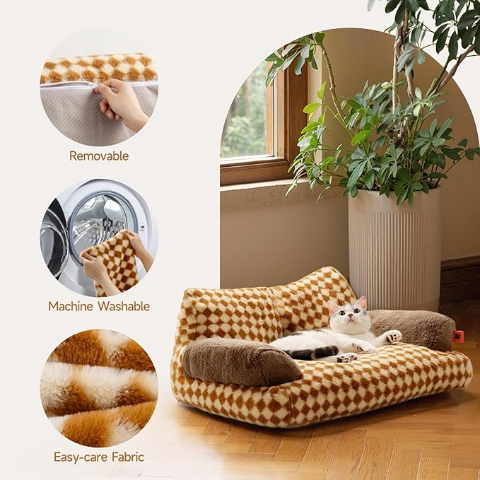 MEWOOFUN Cat Bed for Indoor Cats, Washable Dog Beds for Small Medium Dogs &amp; Cats, Fluffy Cat Couch with Non-Slip Bottom, 26×19×13 Inch (Brown, 26.0" L x 19.0" W x 13.0" Th)