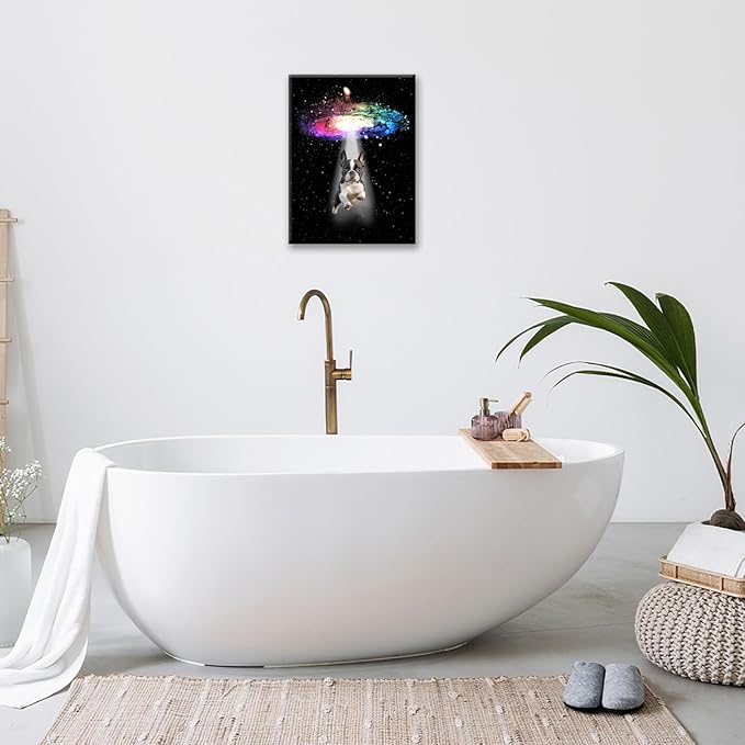 Funny Dog Wall Art Canvas Boston Terrier Wall Decor Prints Framed Painting Bulldog Galaxy Pictures Gifts Artwork for Bathroom 12"x16"