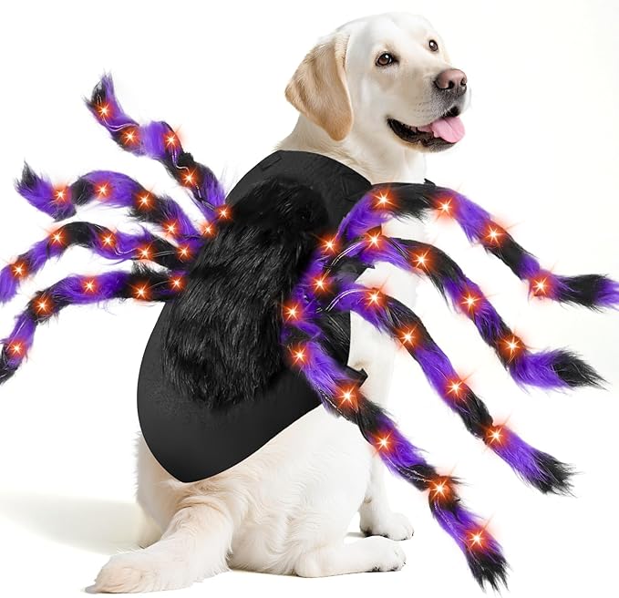 Light-Up Halloween Spider Dog Costume with Orange LED Lights, Purple &amp; Black Furry Spider Costumes for Pets, Funny Halloween Costume Outfit for Cosplay Party (XL)