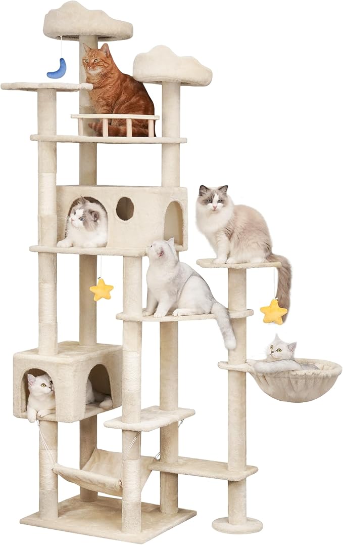 85inch Heavy Duty Cat Tree for Indoor Cats Large Adult, Tall Giant Cat Tower with Scratching Post, Large Perches, Cozy Cat Condos &amp; Hanging Hammocks, Beige