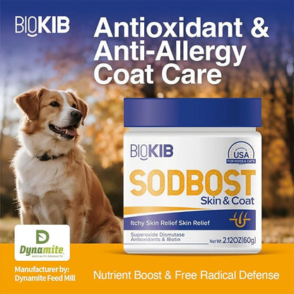 SODBOST Dog Allergy &amp; Itch Relief, Cat Skin &amp; Coat Supplement Powder -SOD Enzyme Skin Relief Formula for Allergy &amp; Itch Relief &amp; Reduces Shedding - Plant-Based, Made in USA - 60 Scoops