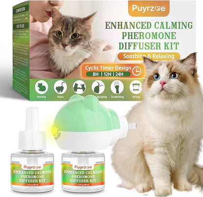 Cat Calming Diffuser with Three Timing Functions, 3-in-1 Cat Pheromones Calming Diffuser Kit, 60-Day Anxiety Relief, Stress Reduction &amp; Relaxation for All Cats (1 Diffuser + 2 Refills)