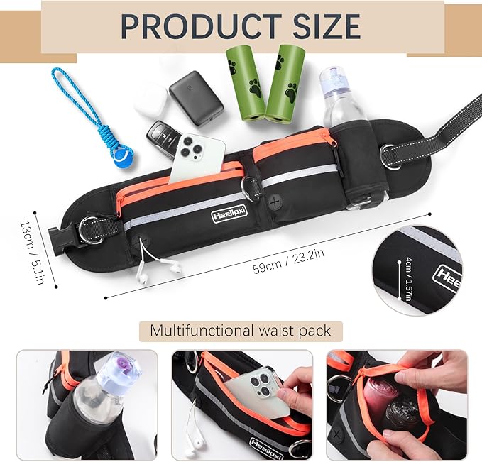 Hands-Free Waist Leash with Pouch for Two Dogs: Reflective Stitching, Dual Handle &amp; Bungee Retractable Design – Ideal for Medium to Large Dogs (Orange) – Dog Walking Accessories