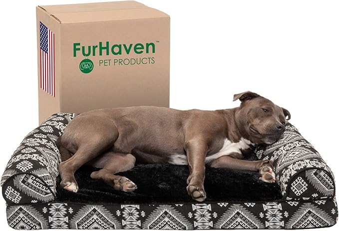 Furhaven Orthopedic Dog Bed for Large/Medium Dogs w/ Removable Bolsters &amp; Washable Cover, For Dogs Up to 55 lbs - Plush &amp; Southwest Kilim Woven Decor Sofa - Black Medallion, Large