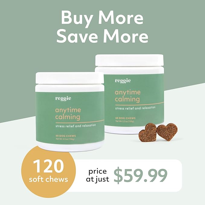 Reggie Anytime Calming Chews for Dogs | Natural Calming Dog Treats to Reduce Hyperactivity, Separation Anxiety, &amp; Stress | Vet-Approved &amp; Ideal for All Ages, Breeds, and Sizes (120 Count)
