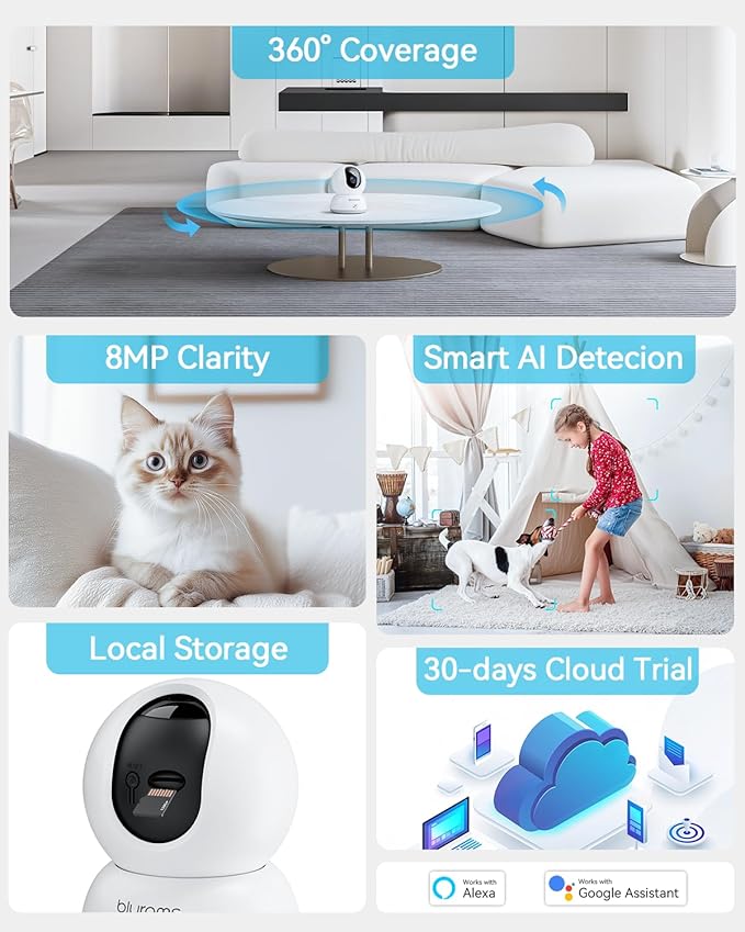 blurams Pet Camera 4K, 8MP Indoor Cameras for Home Security with One-Touch Call, Color Night Vision, Motion Tracking, 5GHz/2.4GHz Wi-Fi, Cloud &amp; SD Card Storage, Wi-Fi 6