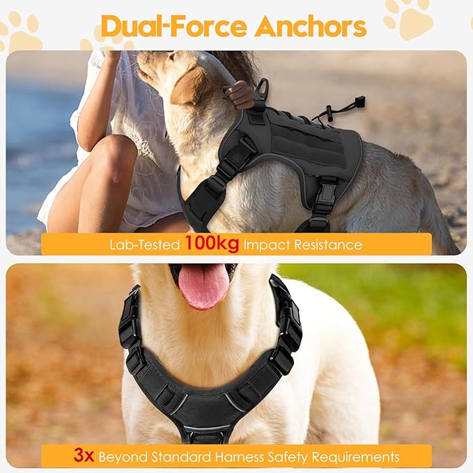 Heavy-Duty Tactical Dog Harness for Large Dogs, No Pull Adjustable Reflective Pet Vest with Molle System, K9 Military-Grade Control for Service Training, Outdoor &amp; 10+ Breeds, Black, XX-Large