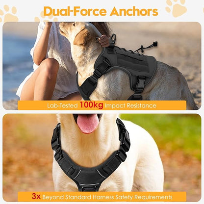 Heavy-Duty Tactical Dog Harness for Large Dogs, No Pull Adjustable Reflective Pet Vest with Molle System, K9 Military-Grade Control for Service Training, Outdoor &amp; 10+ Breeds, Black, Large
