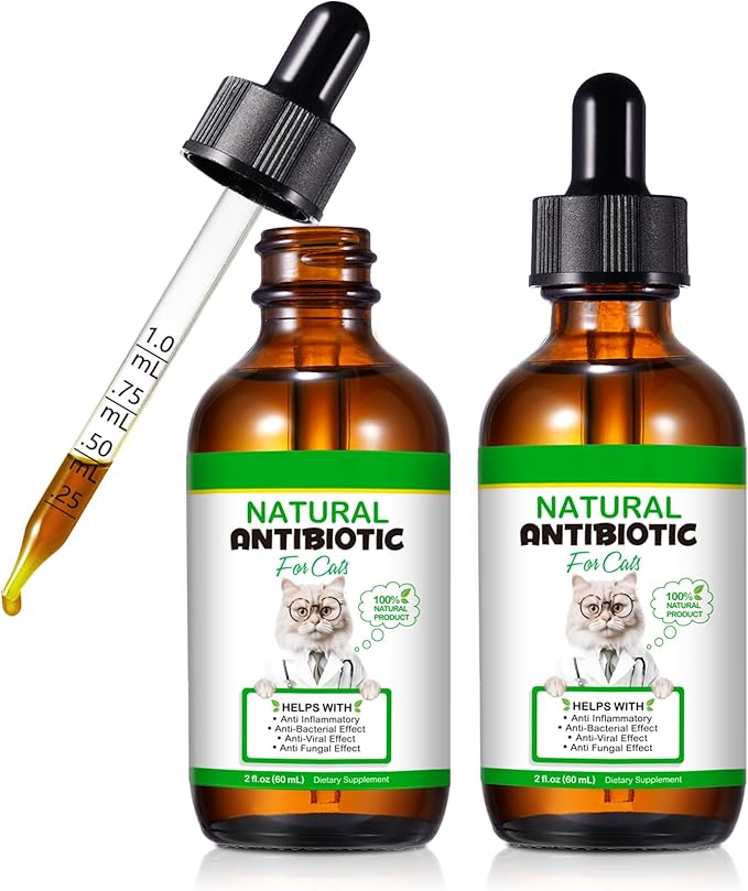 2PACK Antibiotics for Cats, Cats Antibiotics for Injections, Natural antibiotic for Cat Immune &amp; Allergy Relief, Cough Relief, Yeast Injection, UTI Treatments, Cat Antibiotic Supplement Drops, 2*60ML