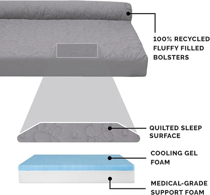 Furhaven Cooling Gel Dog Bed for Large Dogs w/ Removable Bolsters &amp; Washable Cover, For Dogs Up to 95 lbs - Pinsonic Quilted Paw L Shaped Chaise - Titanium, Jumbo/XL