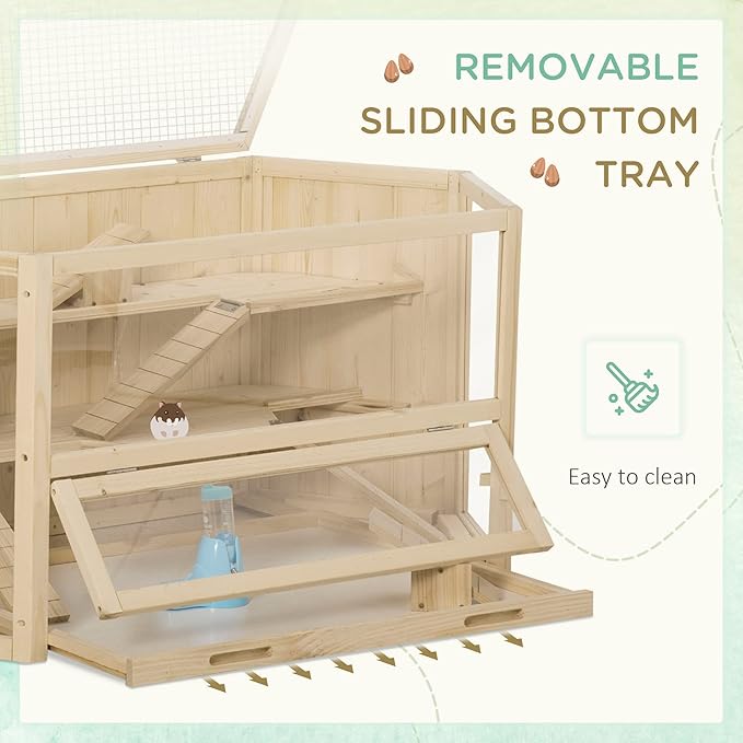PawHut Wooden Large Hamster Cage Small Animal Exercise Play House 3 Tier with Tray, Seesaws, Water Bottle, Activity Center, Natural