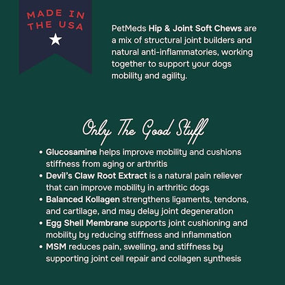 PetMeds Hip &amp; Joint Supplement for Dogs - Vitamins, Glucosamine, MSM, Chondroitin, Collagen for Joint Mobility &amp; Flexibility - Senior Dog Arthritis Support - Beef &amp; Sweet Potato Flavor - 60 Soft Chews