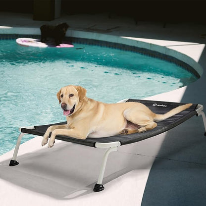 Veehoo Elevated Dog Bed for Outdoor, Cooling Waterproof Raised Dog Cots Beds for Large Dogs, Curved Off Ground Pet Hammock Cot Lifted for Outside, up to 85lbs, White Legs, Black 42"