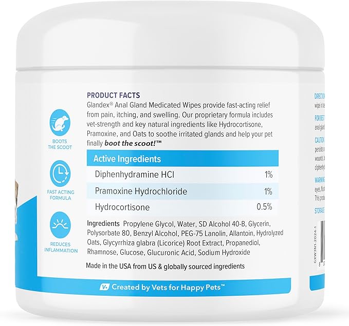 Vetnique Glandex Medicated Dog Butt Wipes or Spray for Dog Scooting - Topical Anti Itch Skin Relief for Soothing Inflamed Anal Glands in Dogs &amp; Cats - Fast Acting Formula 50ct (50ct Wipes)