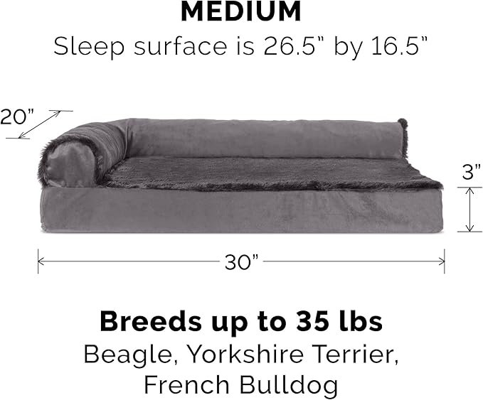 Furhaven Cooling Gel Dog Bed for Medium/Small Dogs w/ Removable Bolsters &amp; Washable Cover, For Dogs Up to 35 lbs - Plush &amp; Velvet L Shaped Chaise - Platinum Gray, Medium