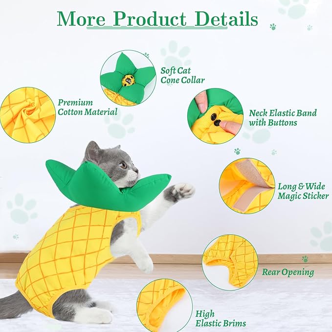 EMUST 2PCS Cat Recovery Suit &amp; Cat Cone Collar Female, Soft &amp; Adjustable Dog Surgery Suit Female Spay for Abdominal Wounds, Cotton Cone for Cats to Stop Licking for Small Female Pets 8-16lb, Yellow, L