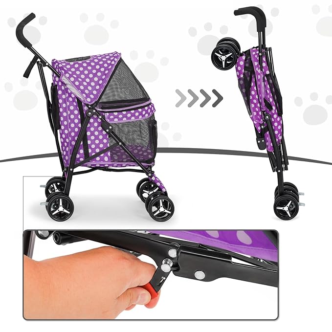 MoNiBloom 4 Wheels Pet Stroller, Easy-Fold Umbrella Shaped Dog Cat Jogger Stroller w/Storage Bag &amp; Visible Mesh for Small/Medium Dogs Cats Purple Polka Dots