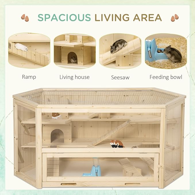 PawHut Wooden Large Hamster Cage Small Animal Exercise Play House 3 Tier with Tray, Seesaws, Water Bottle, Activity Center, Natural